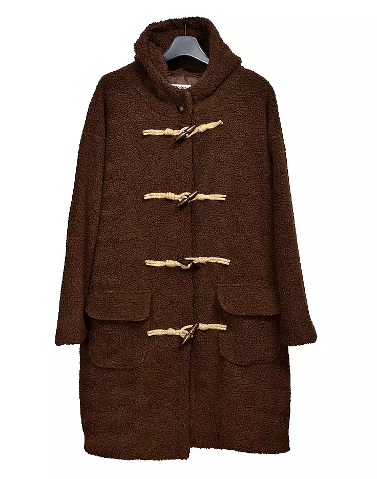 Brown Shearling Toggle Long Coats Mens Winter Outerwear Duffle Hooded