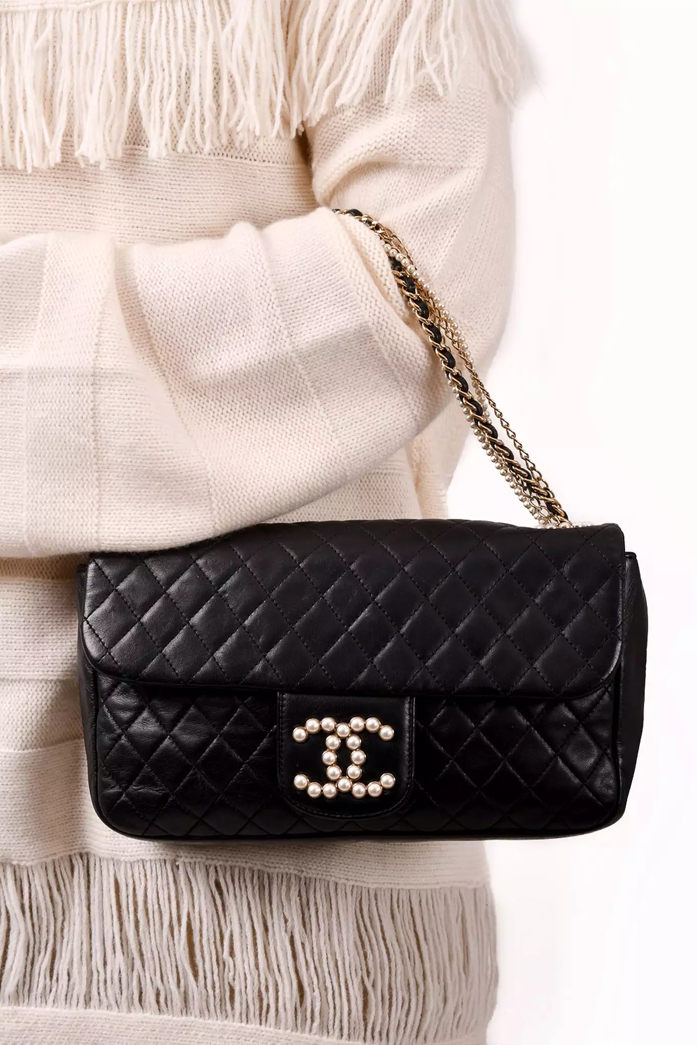 Chanel 2008-09 Black Quilted Lambskin Westminster Pearl Strap CC Flap Bag