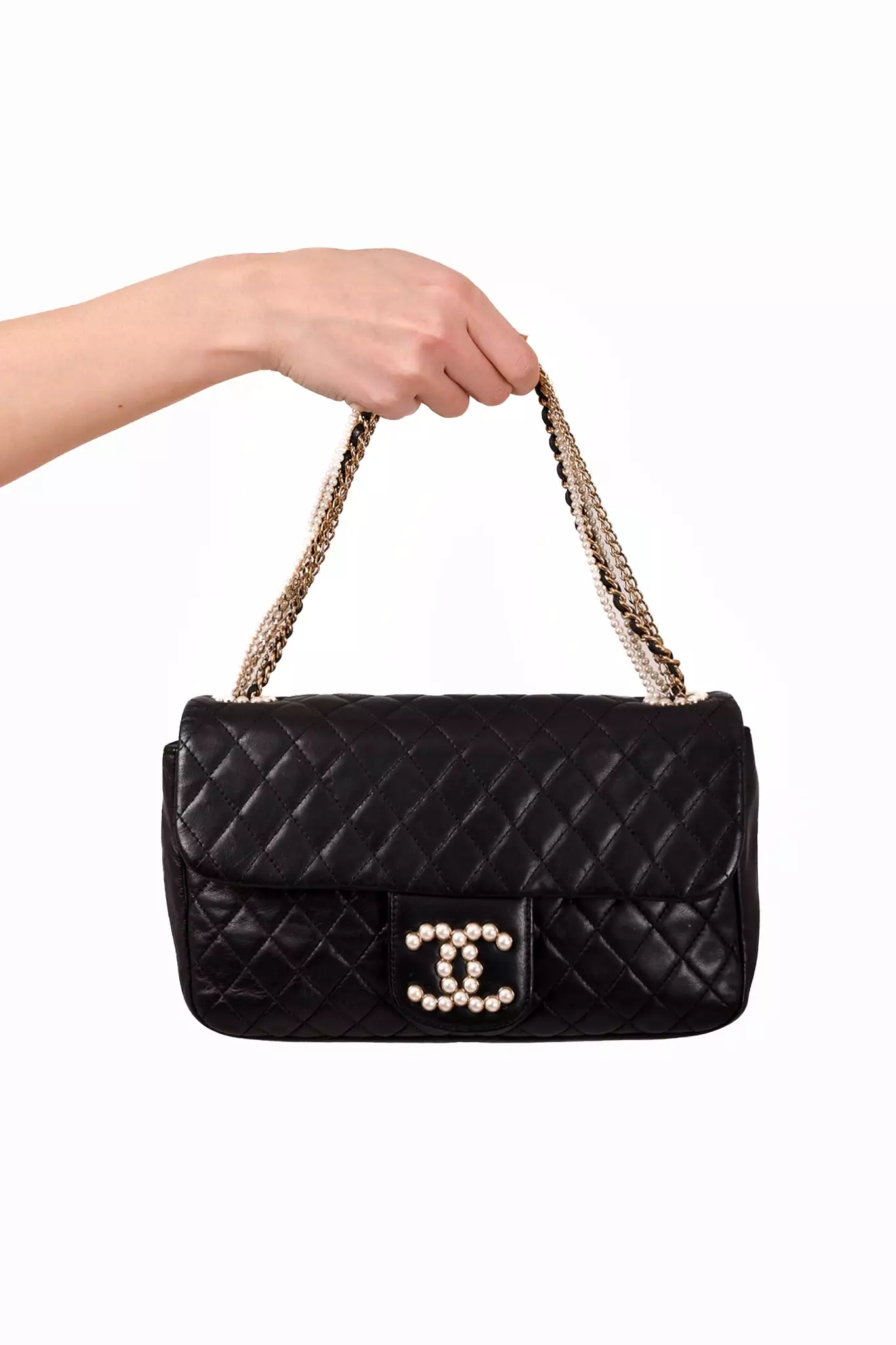 Chanel 2008-09 Black Quilted Lambskin Westminster Pearl Strap CC Flap Bag