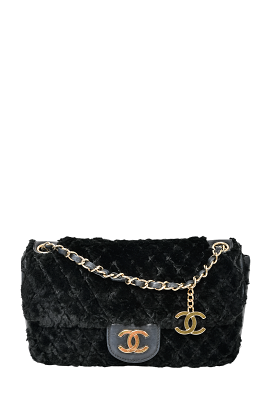 Chanel 2008/09 Black Rabbit Fur/Calfskin Leather Flap Bag