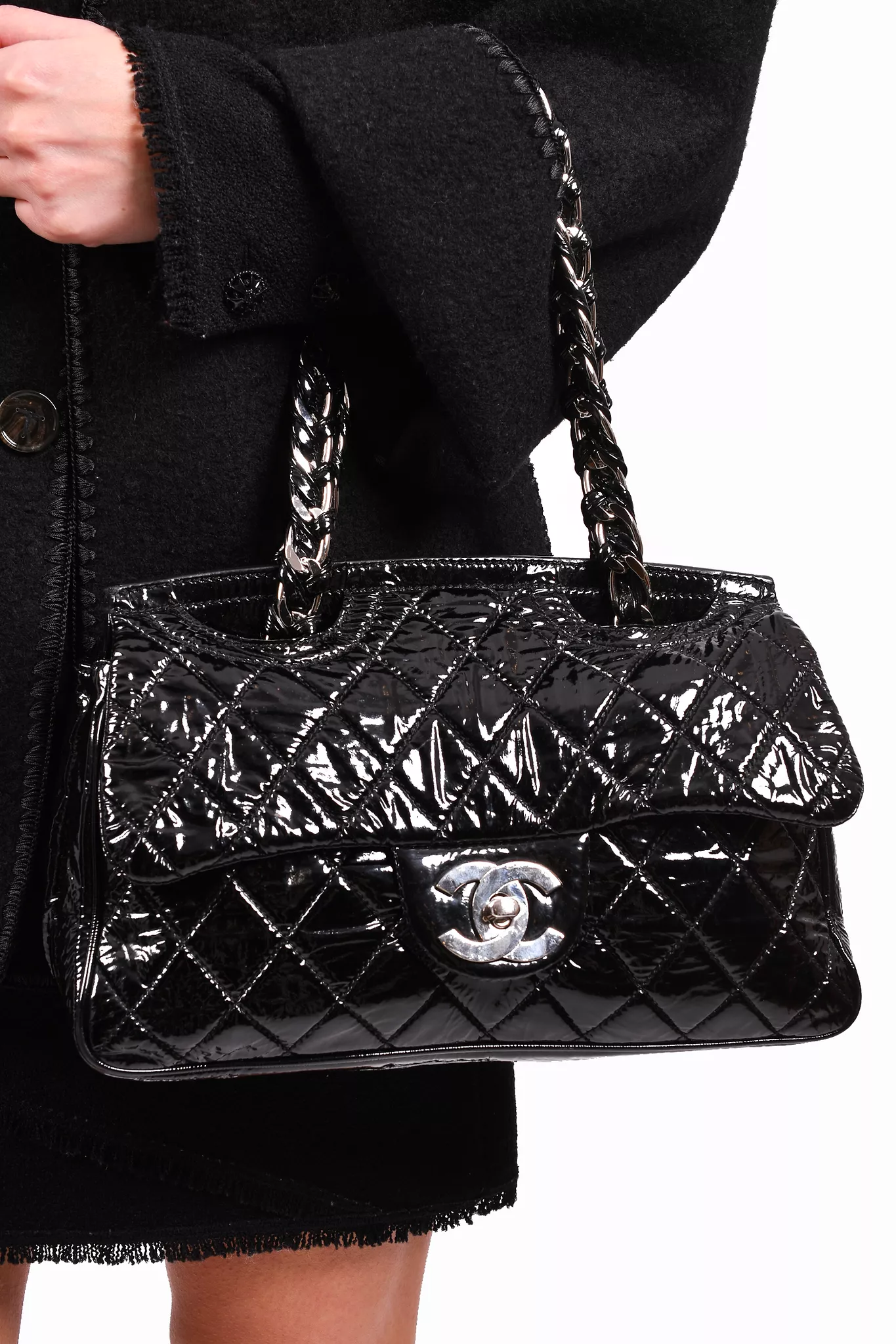 Chanel 2008/2009 Black Patent Leather Classic CC Flap Bag