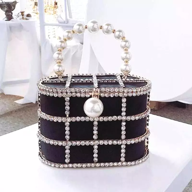 Crystallized Cage Pearl Handle Clutch