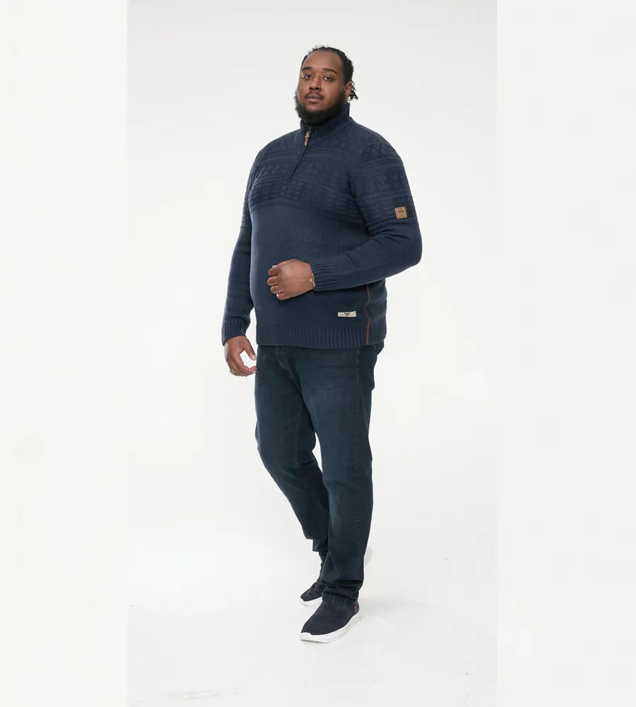 D555 Big Mens Navy Jacquard Knitted Jumper With 1/4 Zip (YATES)