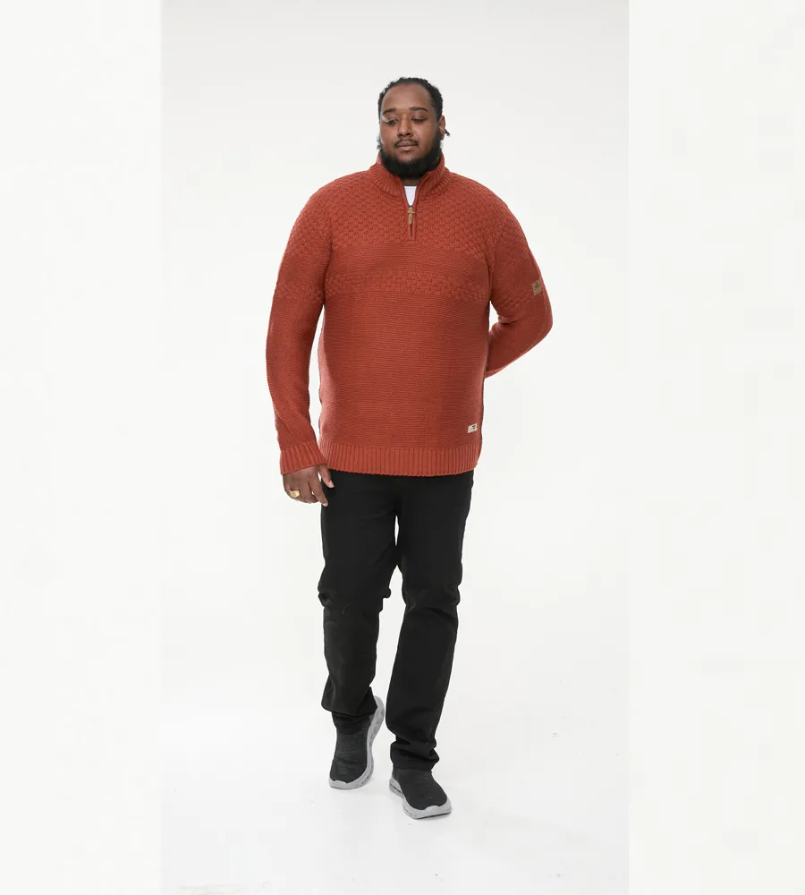 D555 Big Mens Rust Jacquard Knitted Jumper With 1/4 Zip (KELTON)