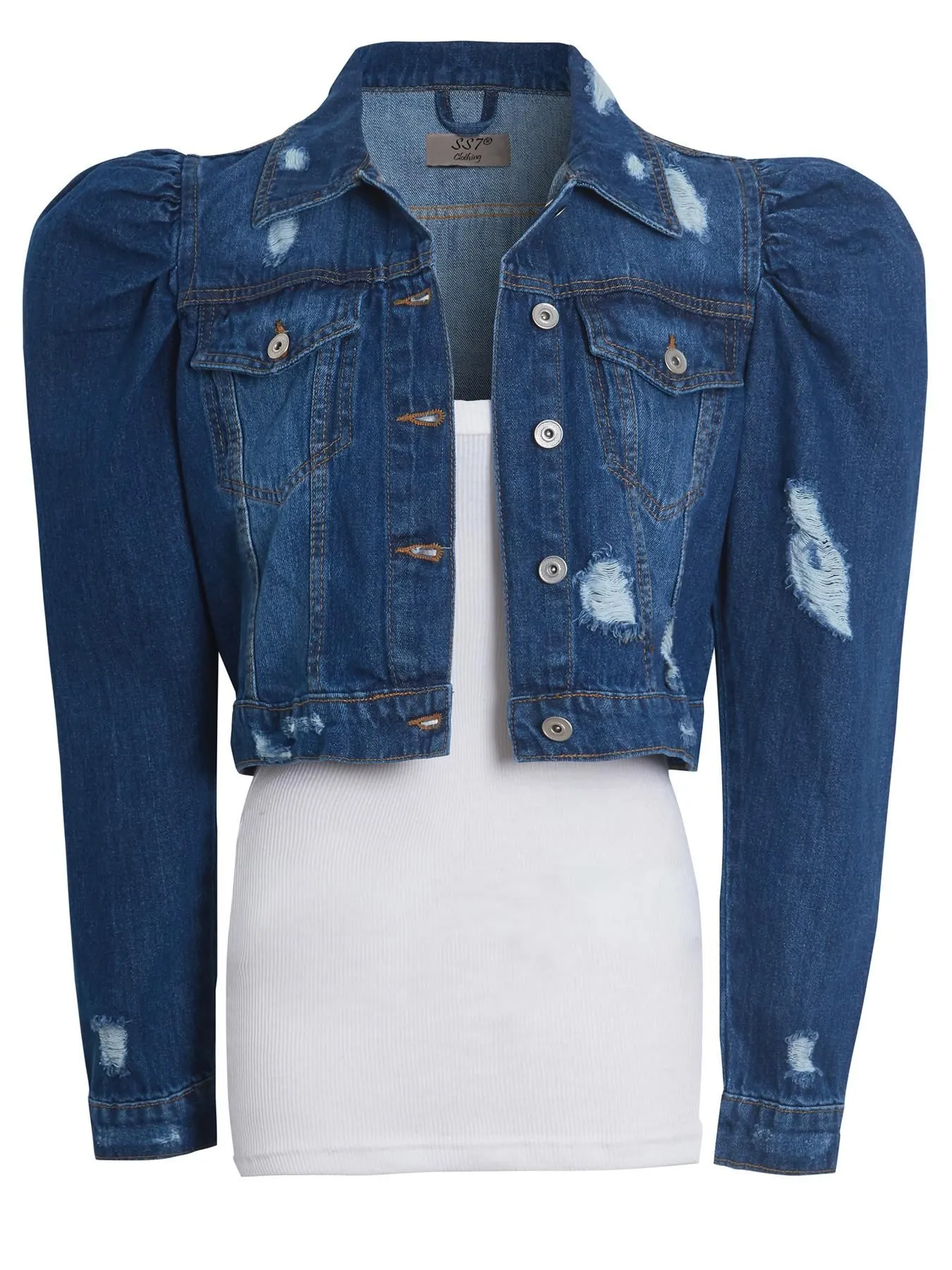 Distressed Puff Sleeve Denim Jacket, UK Sizes 8 to 16