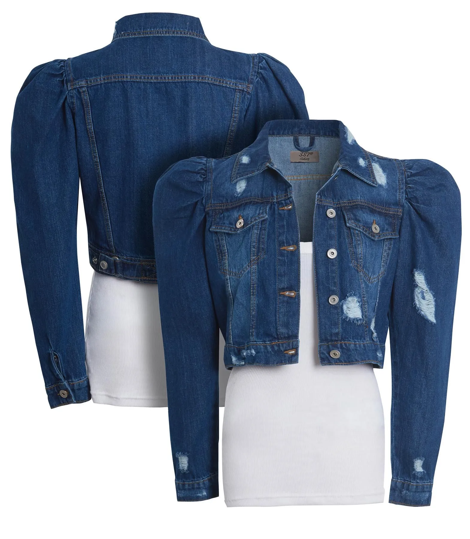 Distressed Puff Sleeve Denim Jacket, UK Sizes 8 to 16