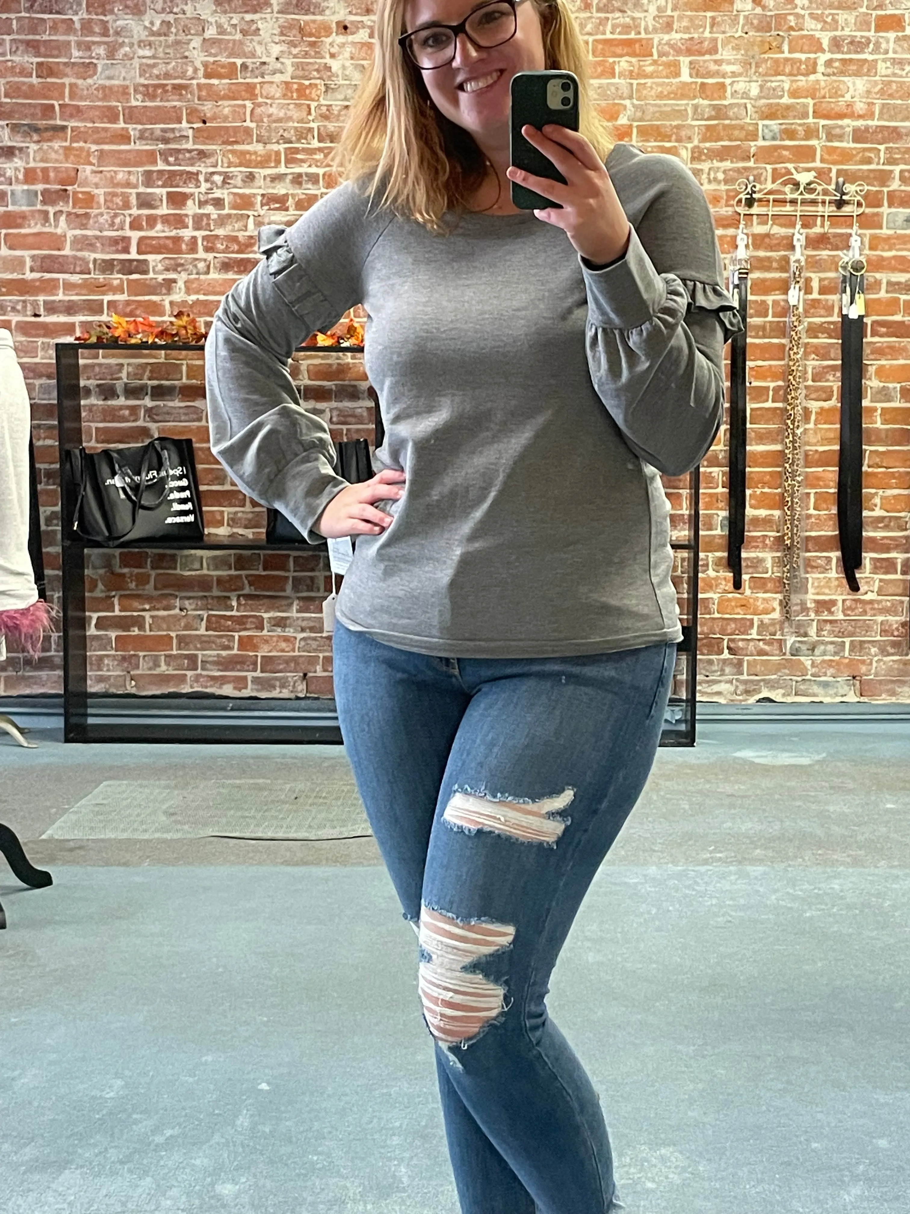 Heather Grey Long Sleeve Ruffle Sweatshirt