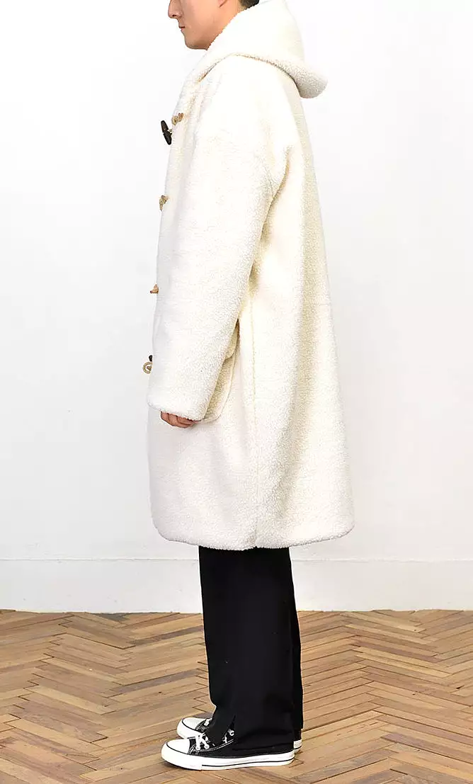 Ivory Shearling Toggle Long Coats Mens Winter Outerwear Duffle Hooded