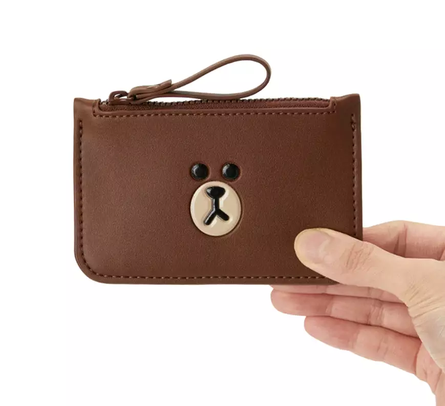 Line Friends Brown Leather Like Card Wallets Zipper Strap Characters Couple Goods Cute Students Accessories Coin Credit Holder