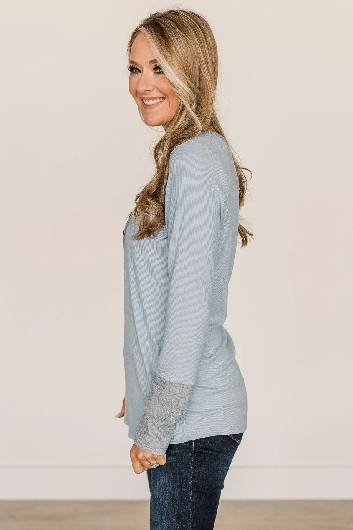 Make It Known Long Sleeve Knit Top- Light Blue