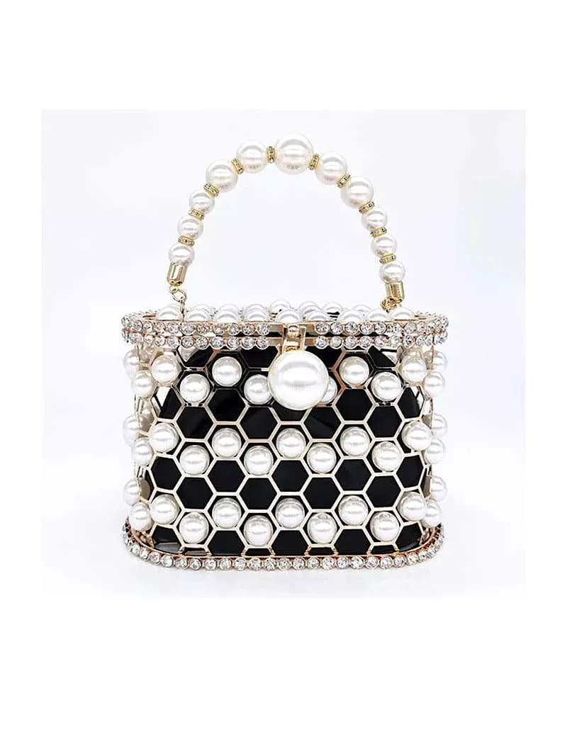 Pearled and Crystallized Cage Handle Clutch