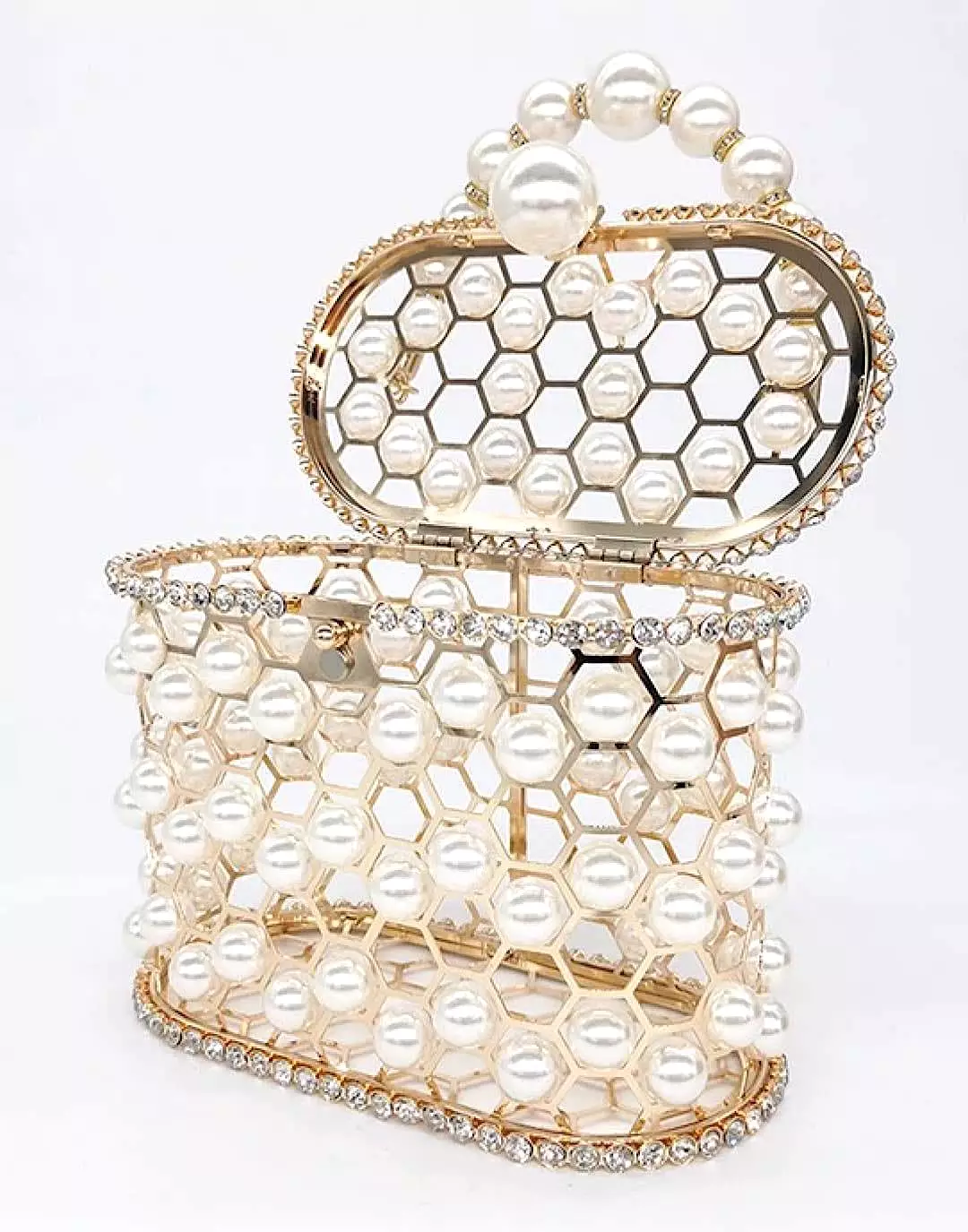 Pearled and Crystallized Cage Handle Clutch