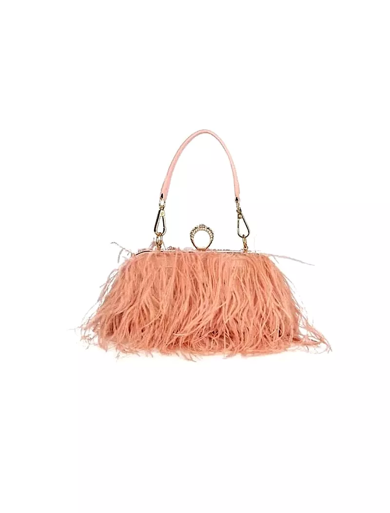 Pink Faux Feather Knuckle Ring Clutch