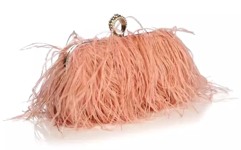 Pink Faux Feather Knuckle Ring Clutch