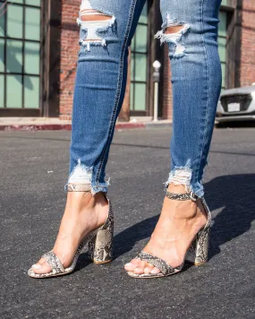 Snake Embossed Open Toe Ankle Strap Chunky Heel in Beige Brown