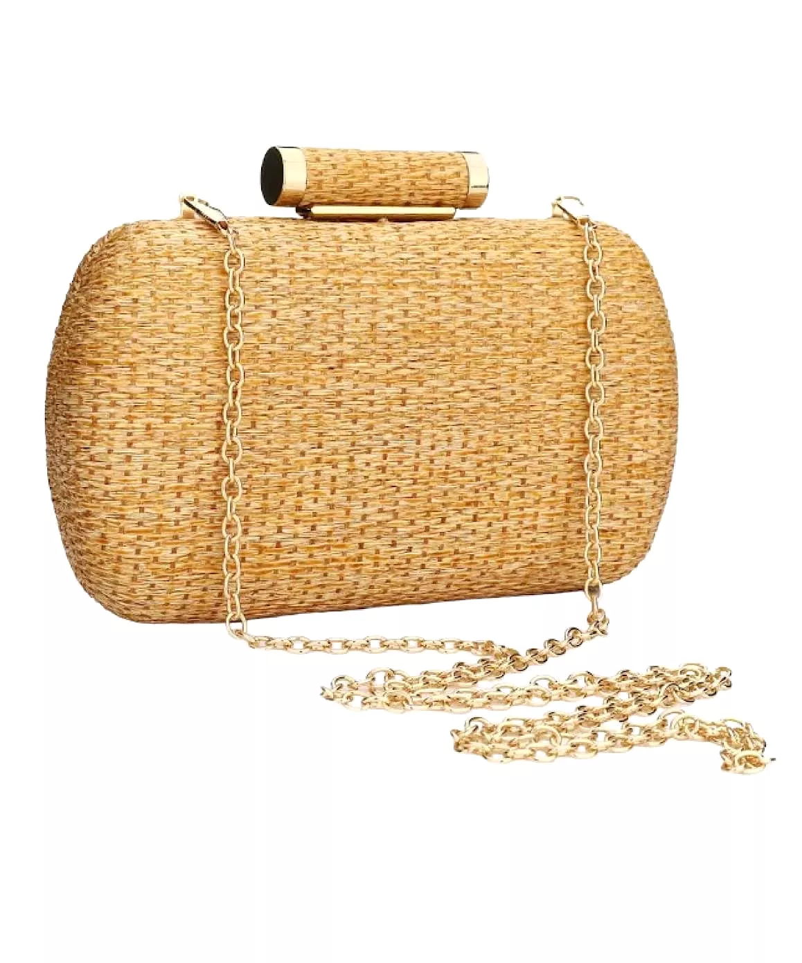 Straw Woven Gold Trimmed Clutch Bag In Brown