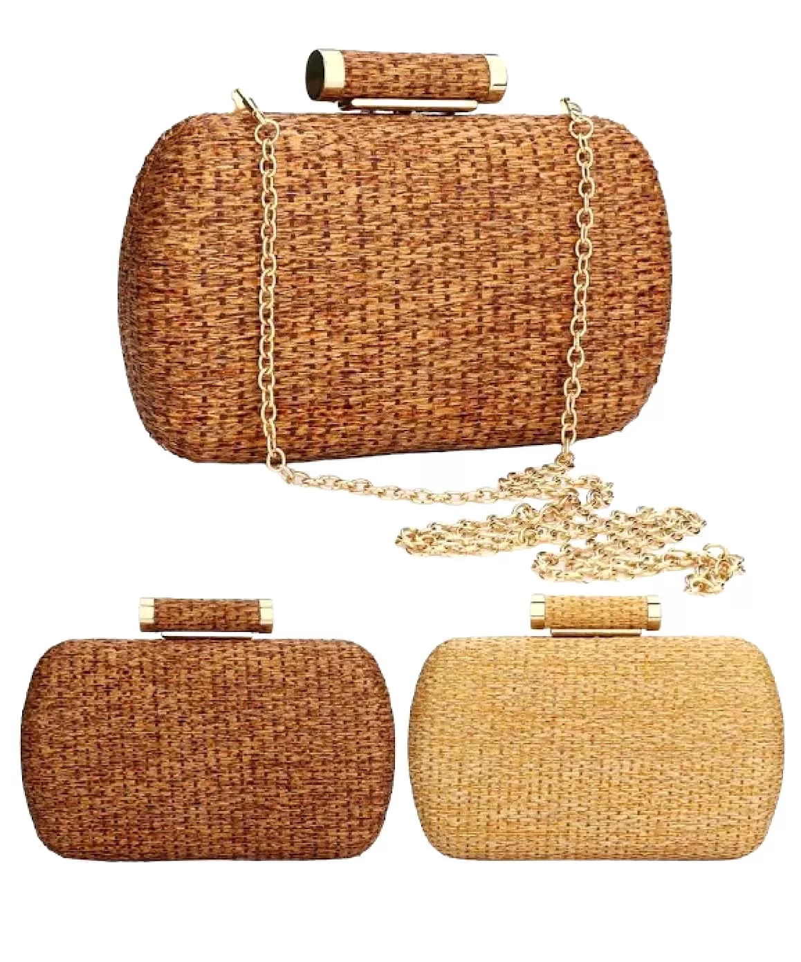 Straw Woven Gold Trimmed Clutch Bag In Brown