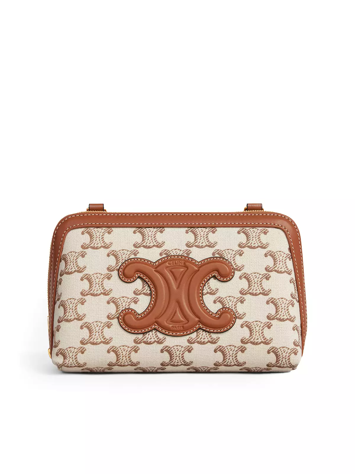 TRIOMPHE CUIR CLUTCH WITH CHAIN IN TRIOMPHE PRINT FABRIC AND WHITE CALF LEATHER