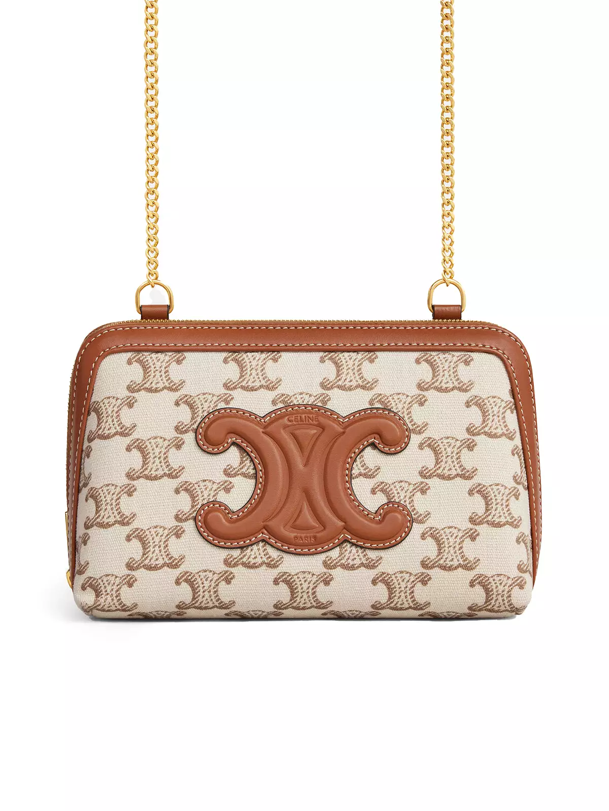 TRIOMPHE CUIR CLUTCH WITH CHAIN IN TRIOMPHE PRINT FABRIC AND WHITE CALF LEATHER